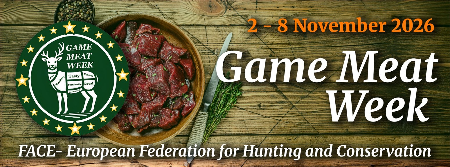 2026 Game Meat Week – FACE, European Federation for Hunting and Conservation. Official logo and a bowl of diced venison on a wooden table.