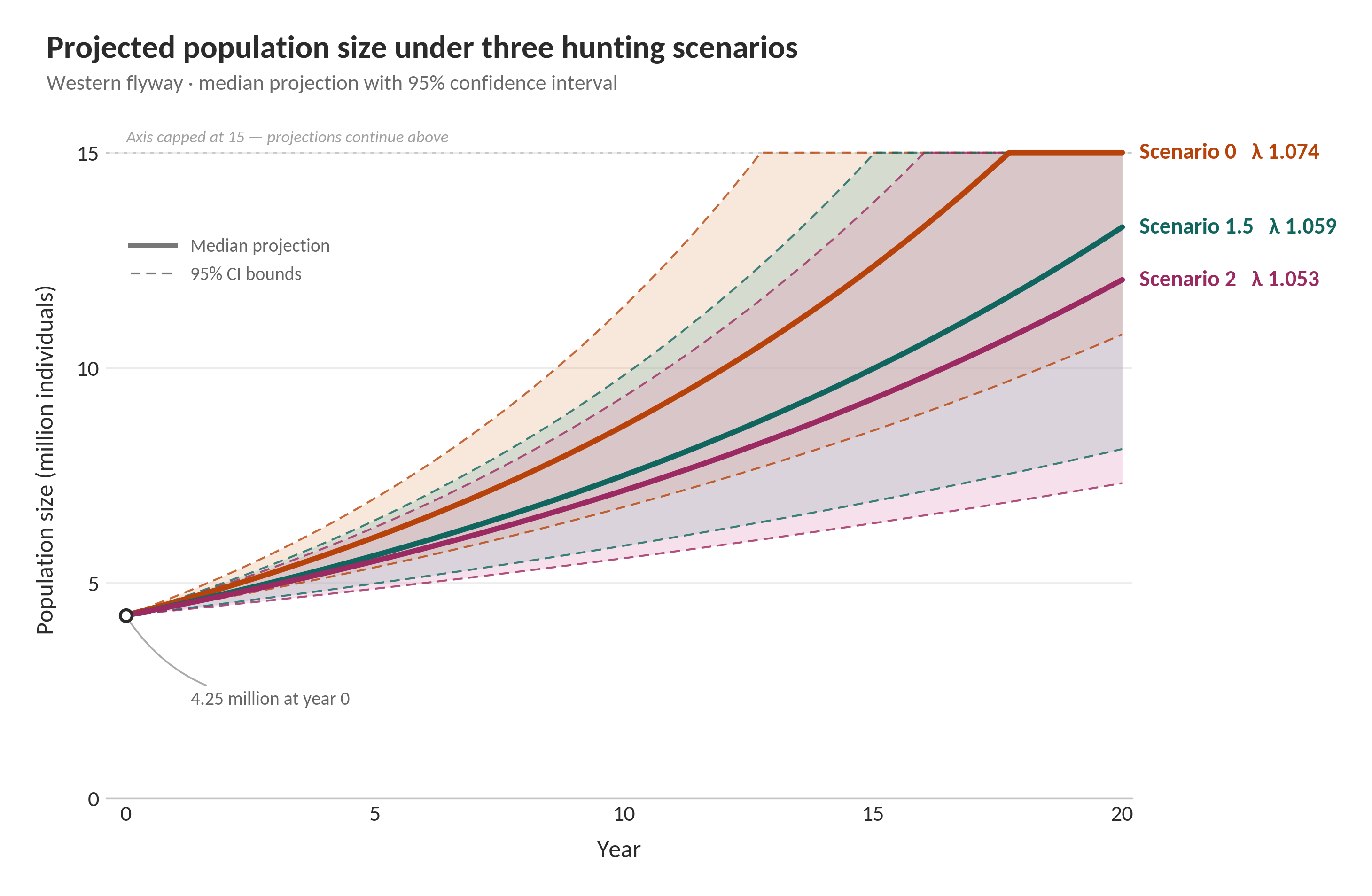 Projected Turtle Dove population trajectories in the Western flyway under different harvest rate scenarios